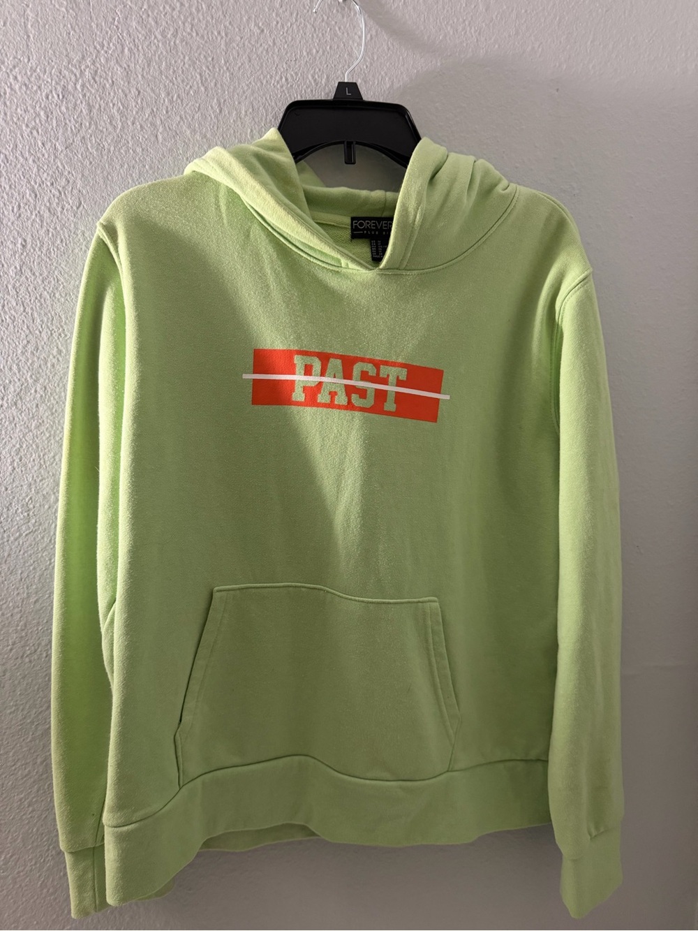 Forever 21 Men's Lime Green 'PAST' Graphic Hoodie with Orange Print